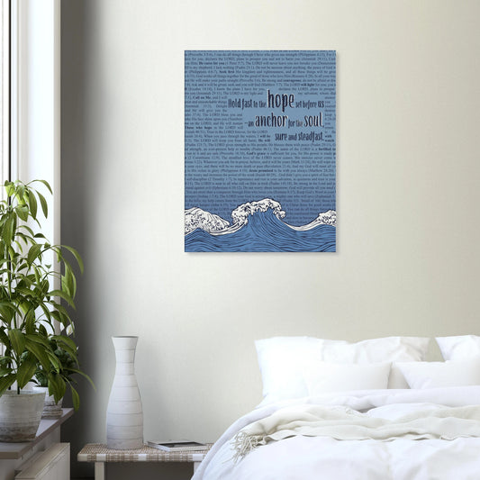Anchor for the Soul Hebrews 6:19 Christian poster with blue scripture background and illustrated waves hanging above a modern bedroom