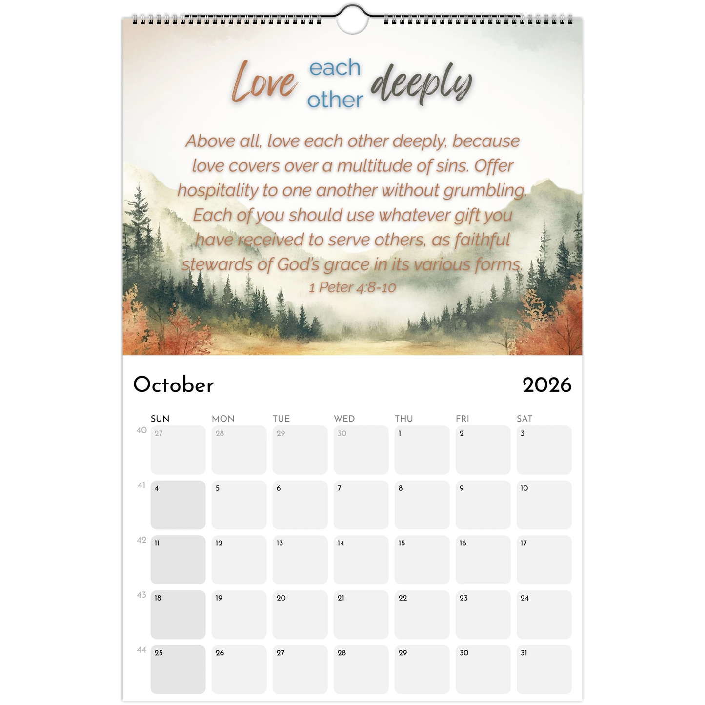 Calendar for October 2026 with a scenic background and inspirational quote.