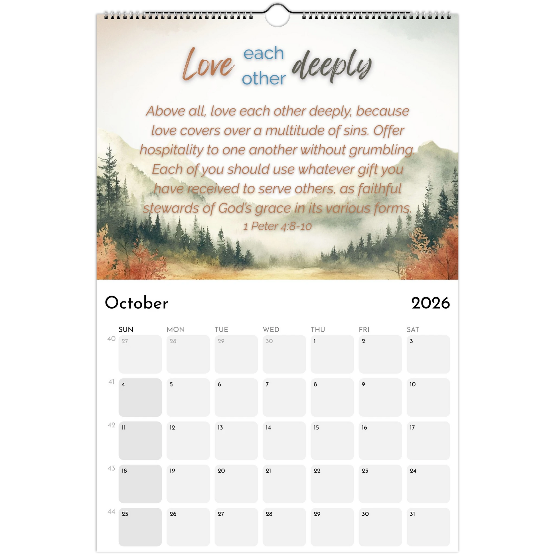 Calendar for October 2026 with a scenic background and inspirational quote.