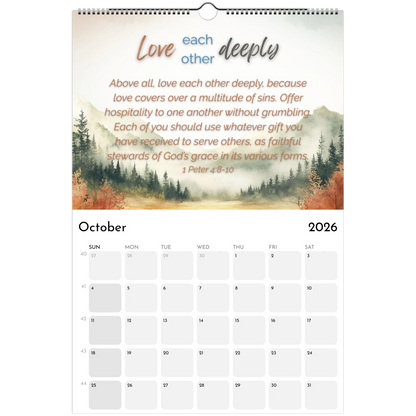 Calendar for October 2026 with a scenic background and inspirational quote.