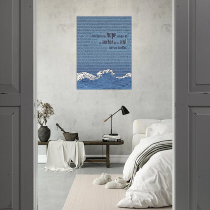 Blue wave scripture canvas with Hebrews 6:19 styled in a bright bedroom entry space