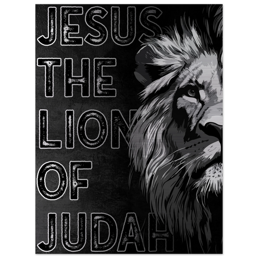 Jesus the Lion of Judah artwork featuring a bold black and white illustrated lion on the right side and distressed block lettering on a dark textured background.