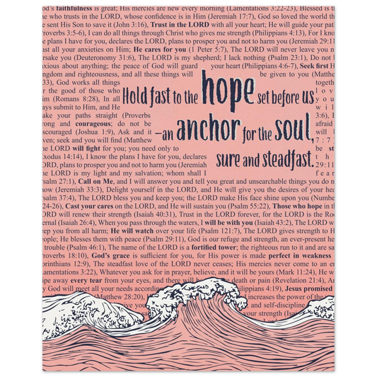 Scripture poster with an anchor design and waves, featuring Hebrews 6:19, with additional Bible verses in pink or blue.