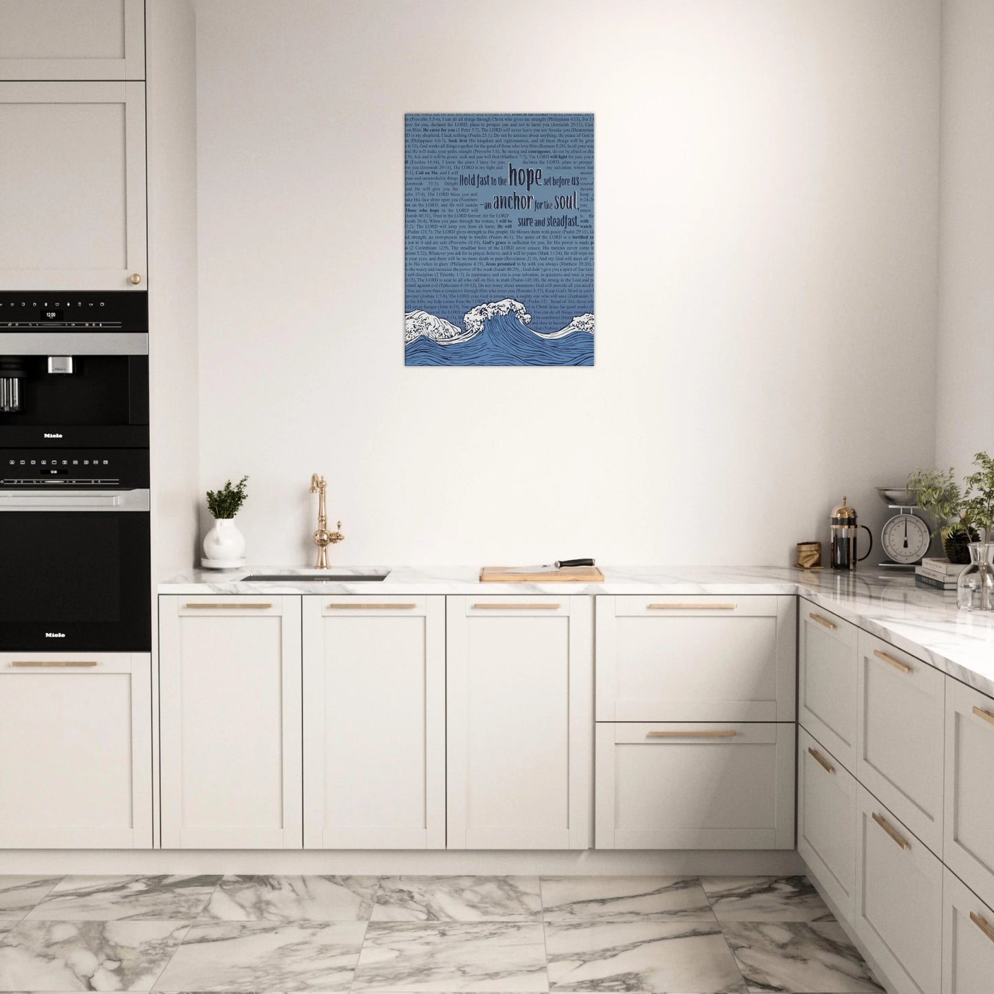 anchor for the soul hebrews 6 19 christian wall art in blue with wave illustration displayed in a bright minimalist kitchen