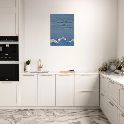 anchor for the soul hebrews 6 19 christian wall art in blue with wave illustration displayed in a bright minimalist kitchen