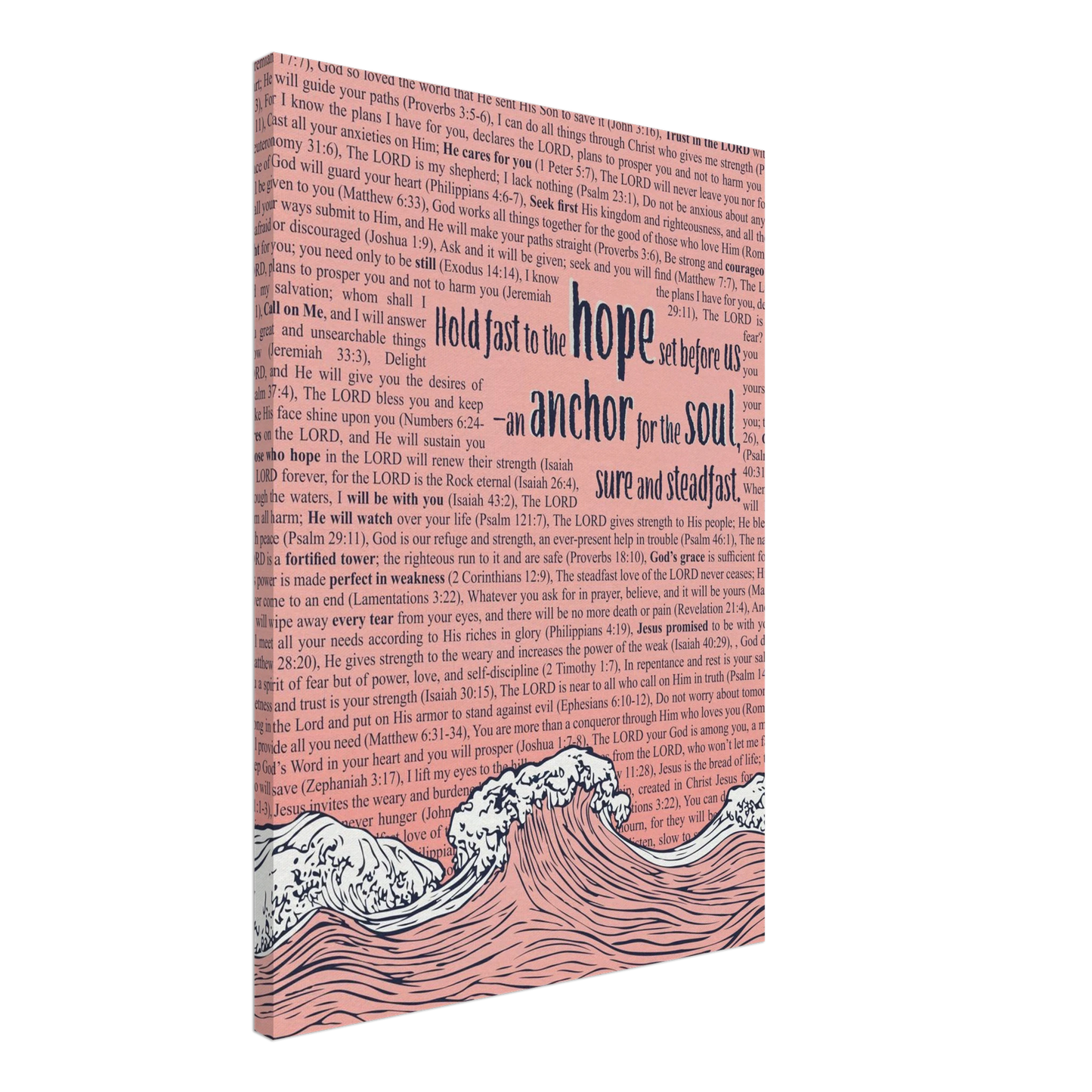 A vertical canvas wall art with a pink background featuring text from Hebrews 6:19 and an illustration of ocean waves with an anchor.