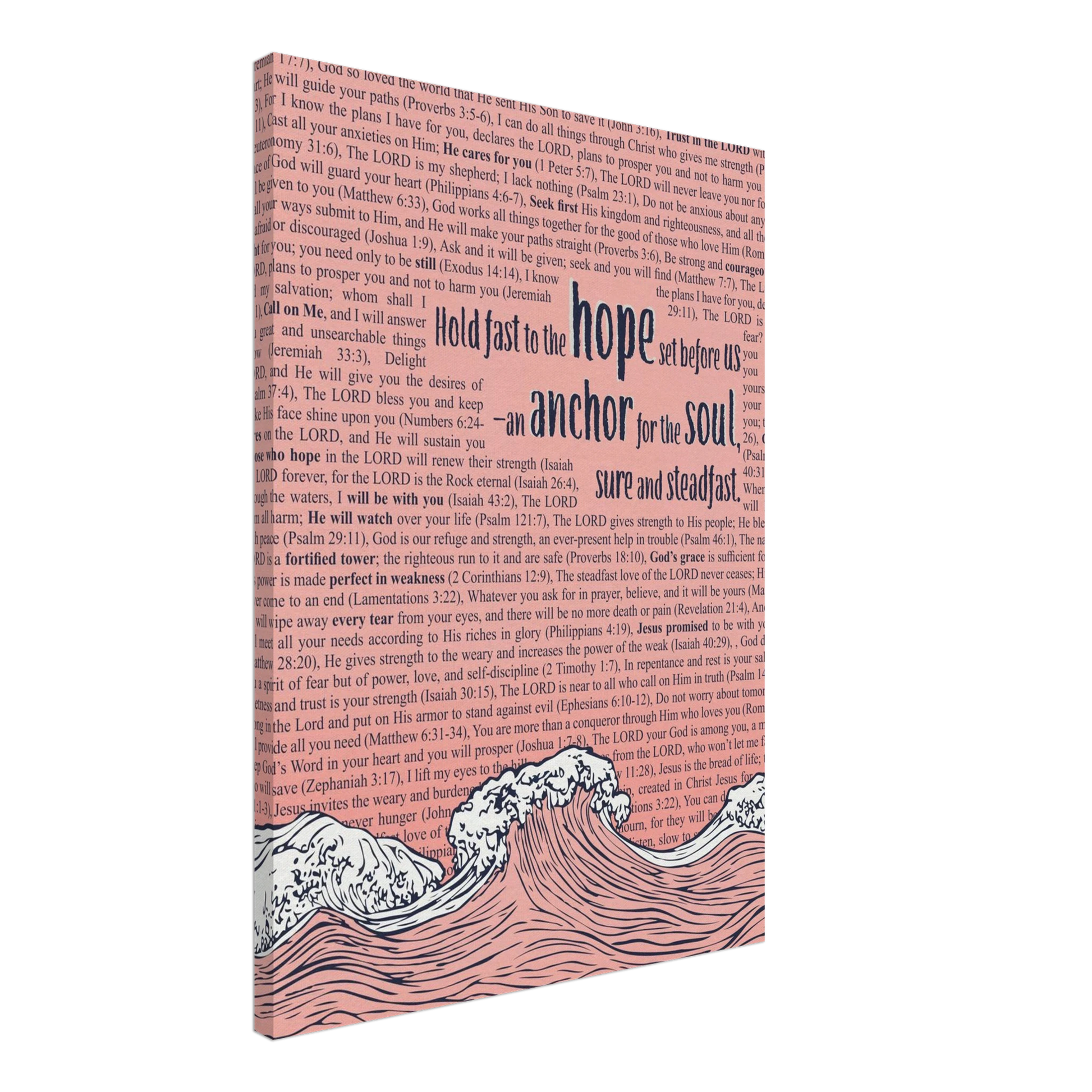 A vertical canvas wall art with a pink background featuring text from Hebrews 6:19 and an illustration of ocean waves with an anchor.