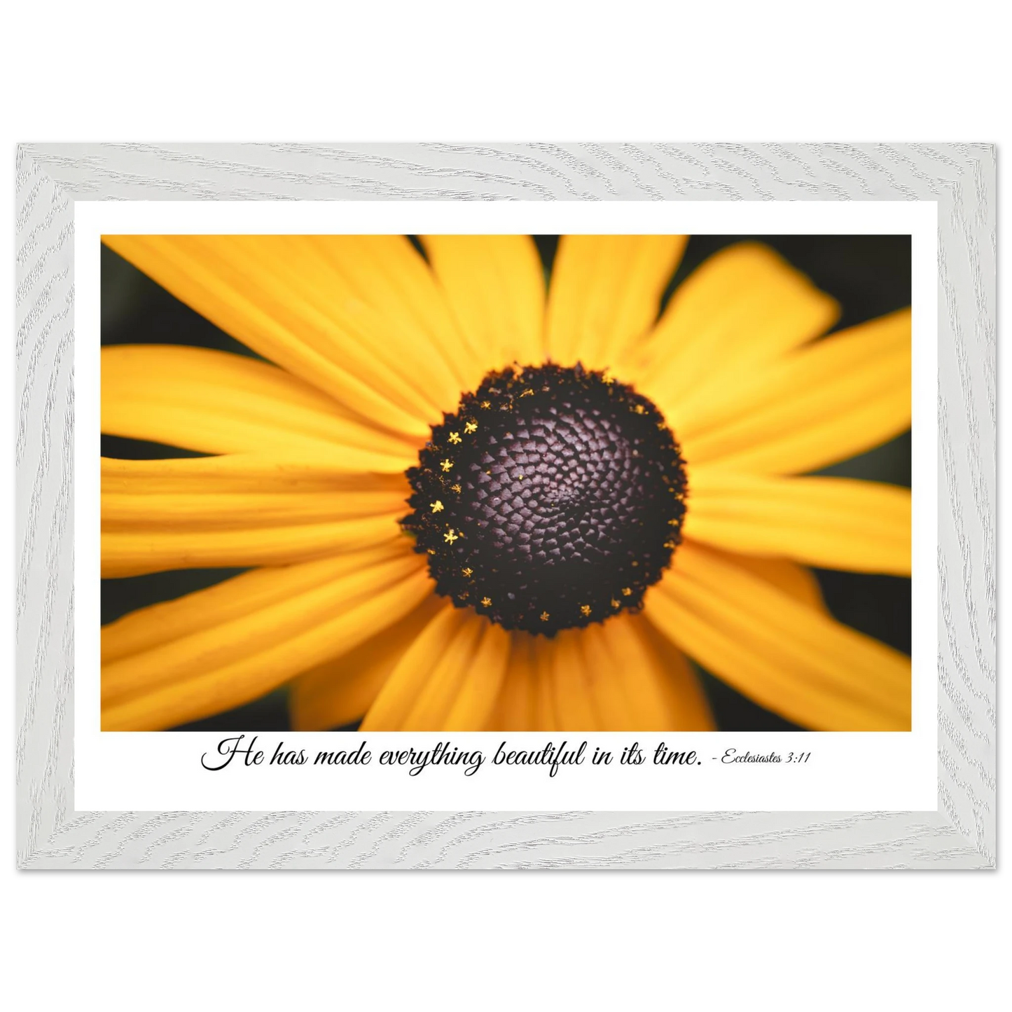 A framed art print of a close-up yellow flower with a quote from Ecclesiastes 3:11, 'He has made everything beautiful in its time.'.