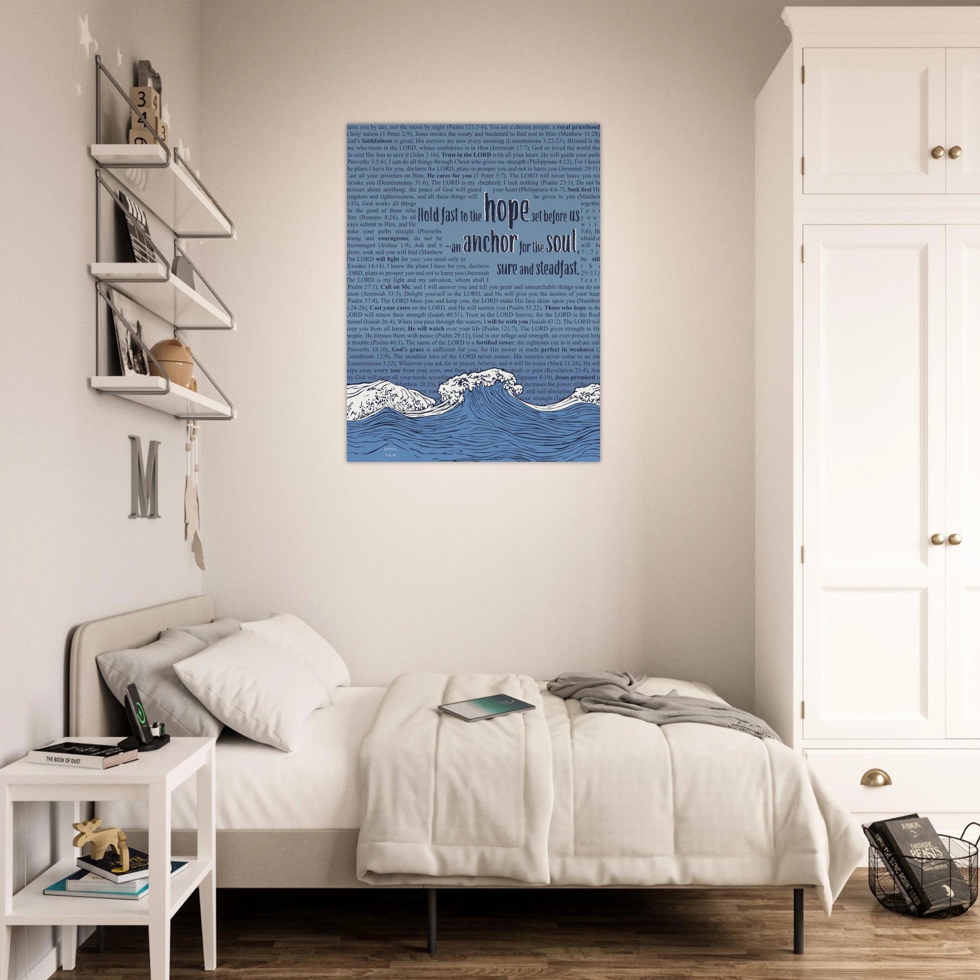 Christian canvas print with Hebrews 6:19 and wave artwork displayed above a neutral bedroom setup