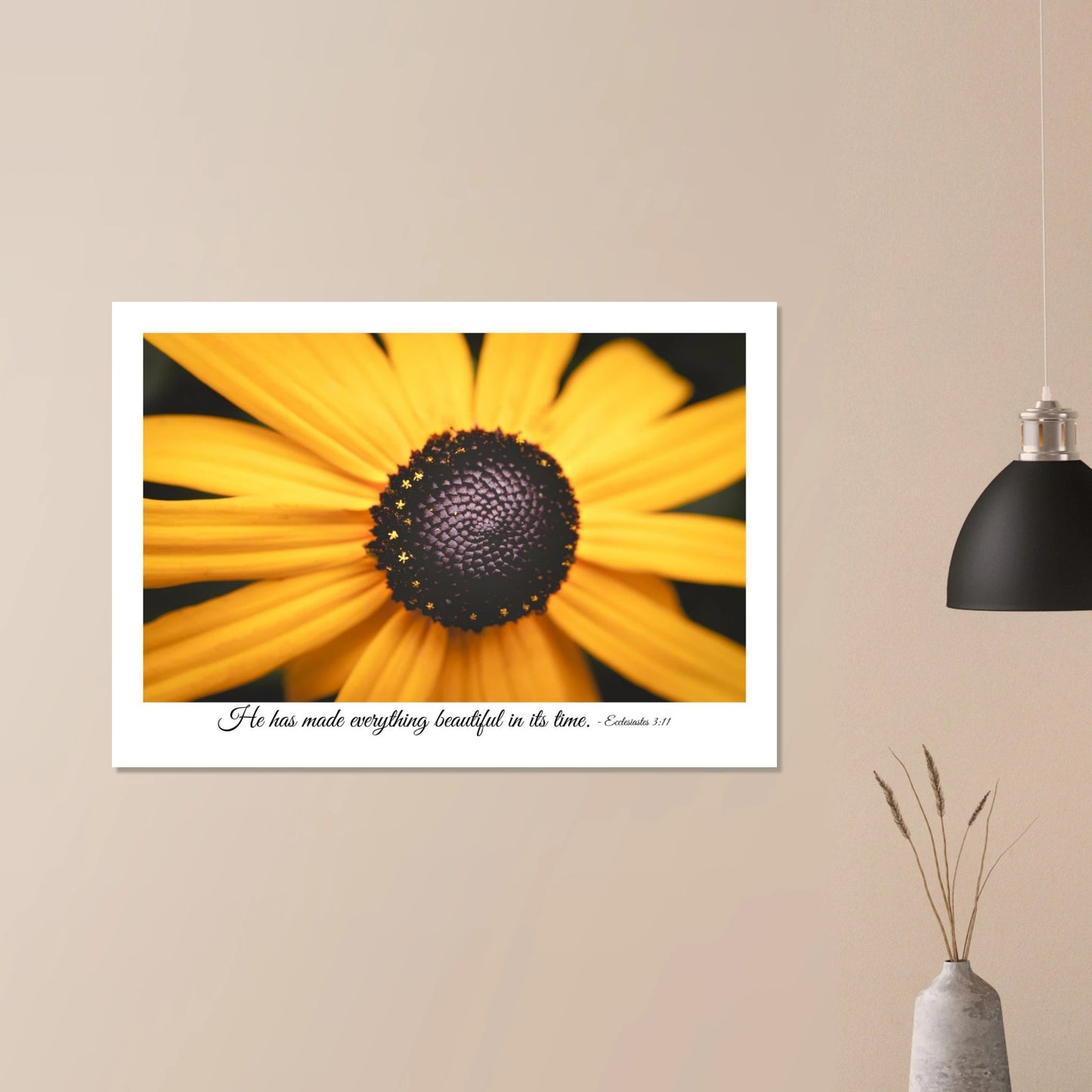 Christian sunflower wall art featuring a close-up yellow flower with the Bible verse He has made everything beautiful in its time Ecclesiastes 3:11 displayed in a minimalist home interior