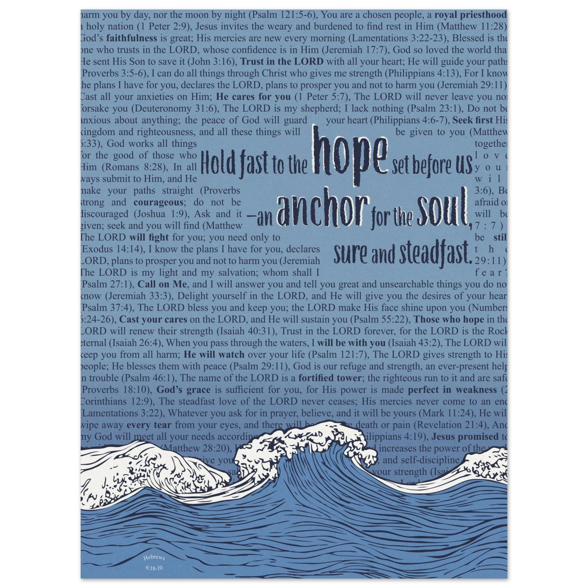 blue christian poster with bible verses in the background featuring a hand drawn wave illustration and the words hold fast to the hope set before us an anchor for the soul sure and steadfast hebrews 6 19