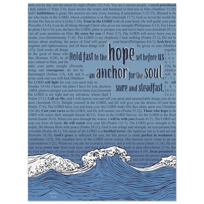 blue christian poster with bible verses in the background featuring a hand drawn wave illustration and the words hold fast to the hope set before us an anchor for the soul sure and steadfast hebrews 6 19