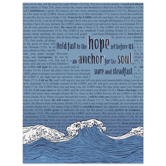 blue christian poster with bible verses in the background featuring a hand drawn wave illustration and the words hold fast to the hope set before us an anchor for the soul sure and steadfast hebrews 6 19