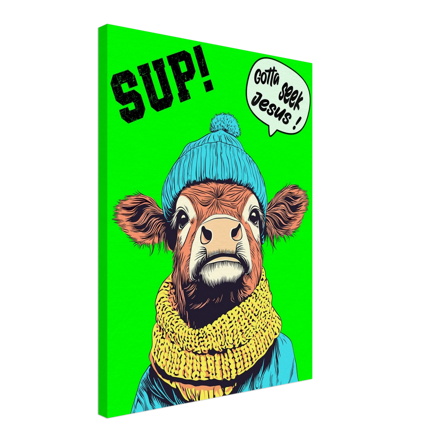 A vibrant green canvas featuring a cartoon style Highland cow with a beanie hat and a scarf, holding a sign with the text 'Gotta Seek Jesus'.