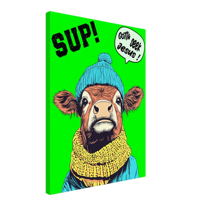A vibrant green canvas featuring a cartoon style Highland cow with a beanie hat and a scarf, holding a sign with the text 'Gotta Seek Jesus'.