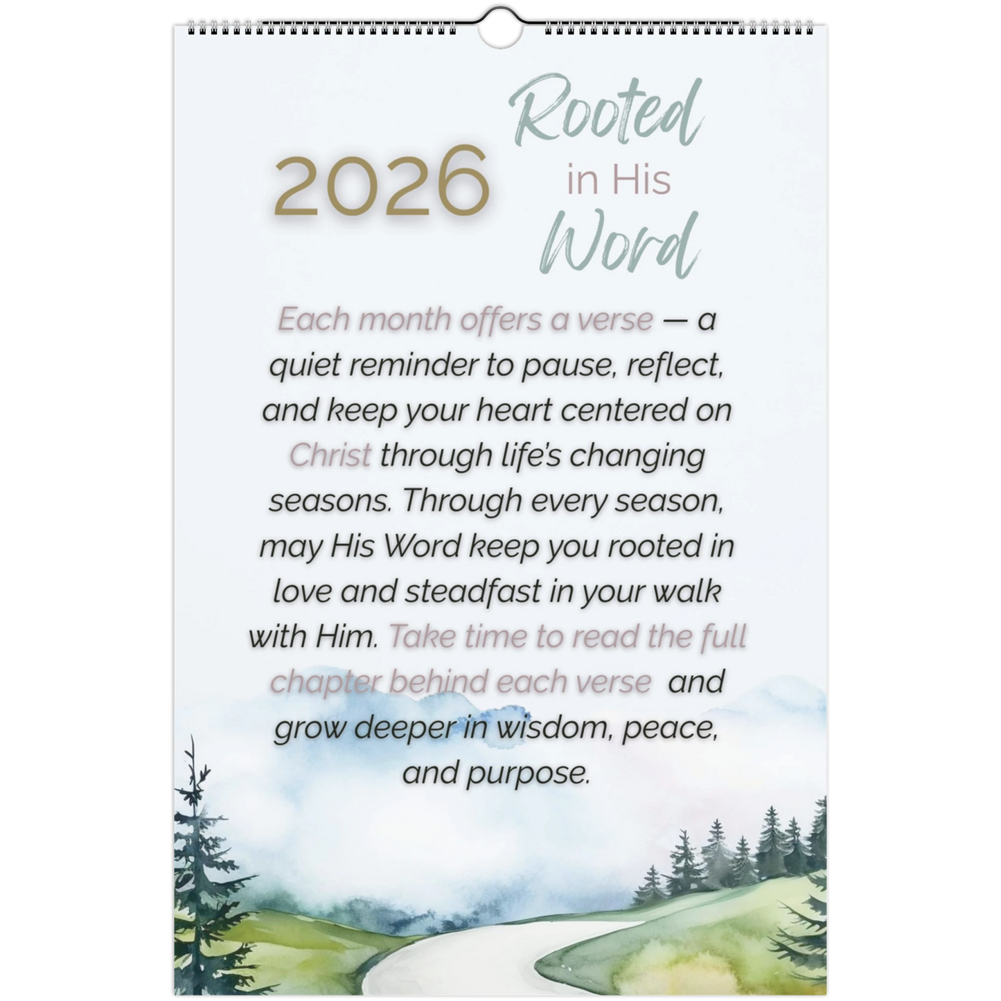 Calendar with nature scene and text about 'Rooted in His Word' for 2026.