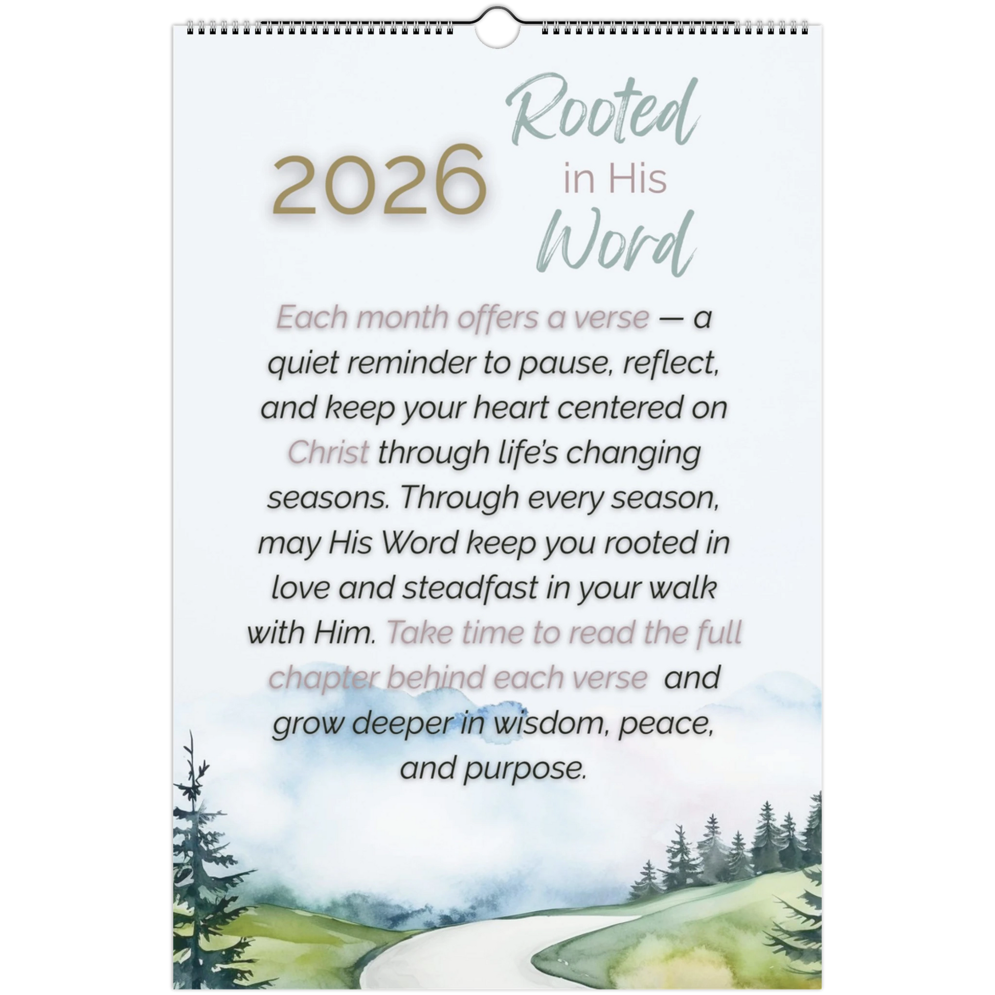 Calendar with nature scene and text about 'Rooted in His Word' for 2026.