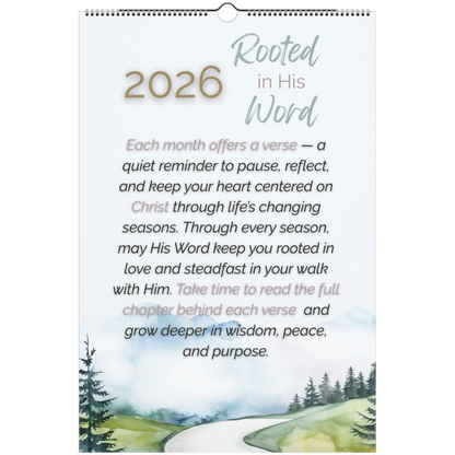 Calendar with nature scene and text about 'Rooted in His Word' for 2026.