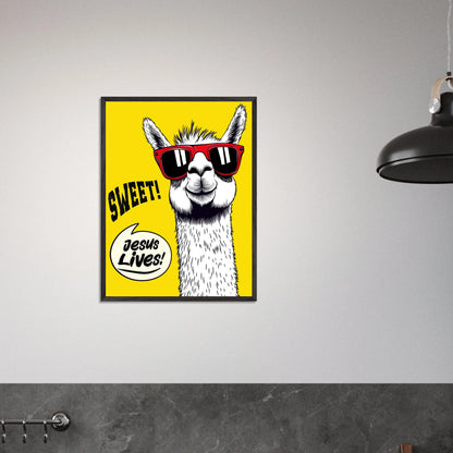 Framed Christian wall art featuring a white llama wearing red sunglasses on a bright yellow background with playful text reading SWEET and Jesus Lives, displayed in a modern minimalist interior