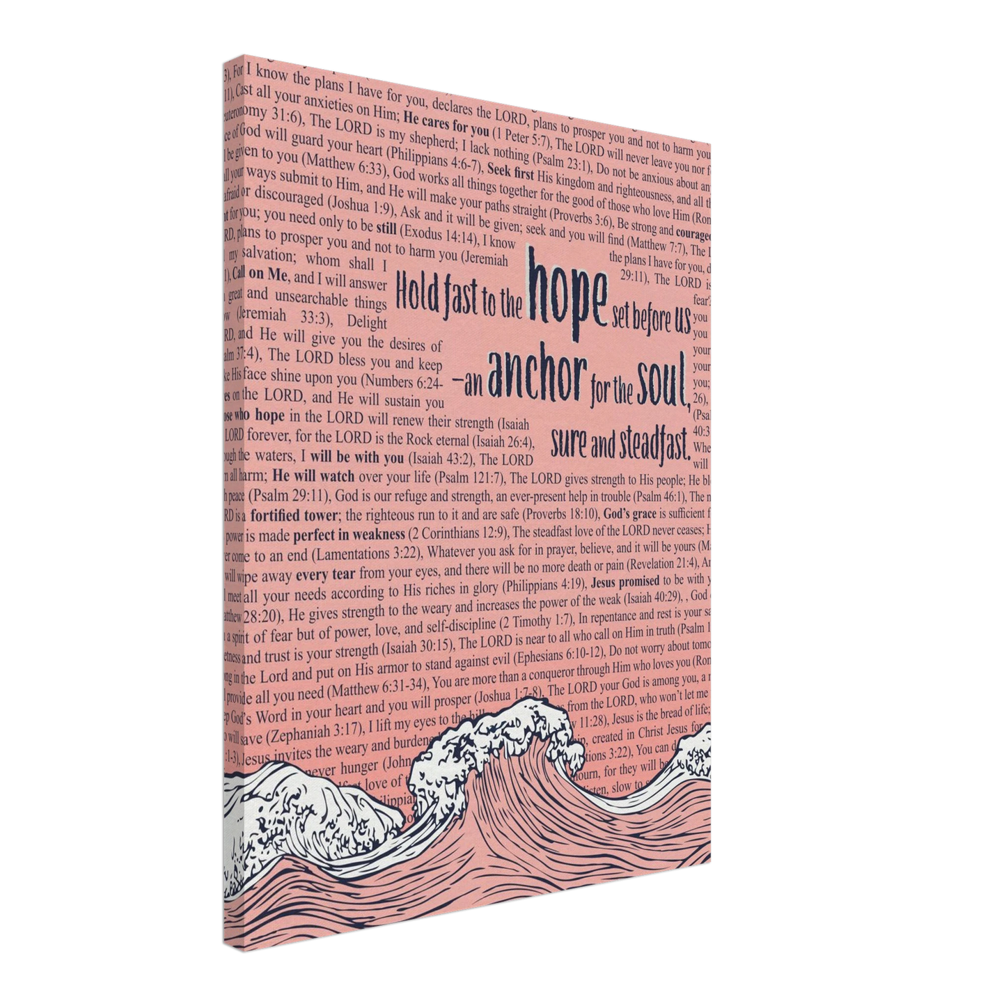 A vertical canvas wall art with a pink background featuring text from Hebrews 6:19 and an illustration of ocean waves with an anchor.