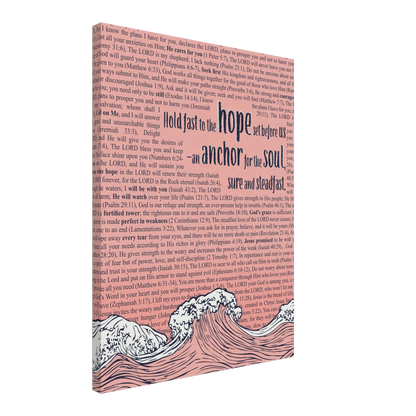 A vertical canvas wall art with a pink background featuring text from Hebrews 6:19 and an illustration of ocean waves with an anchor.