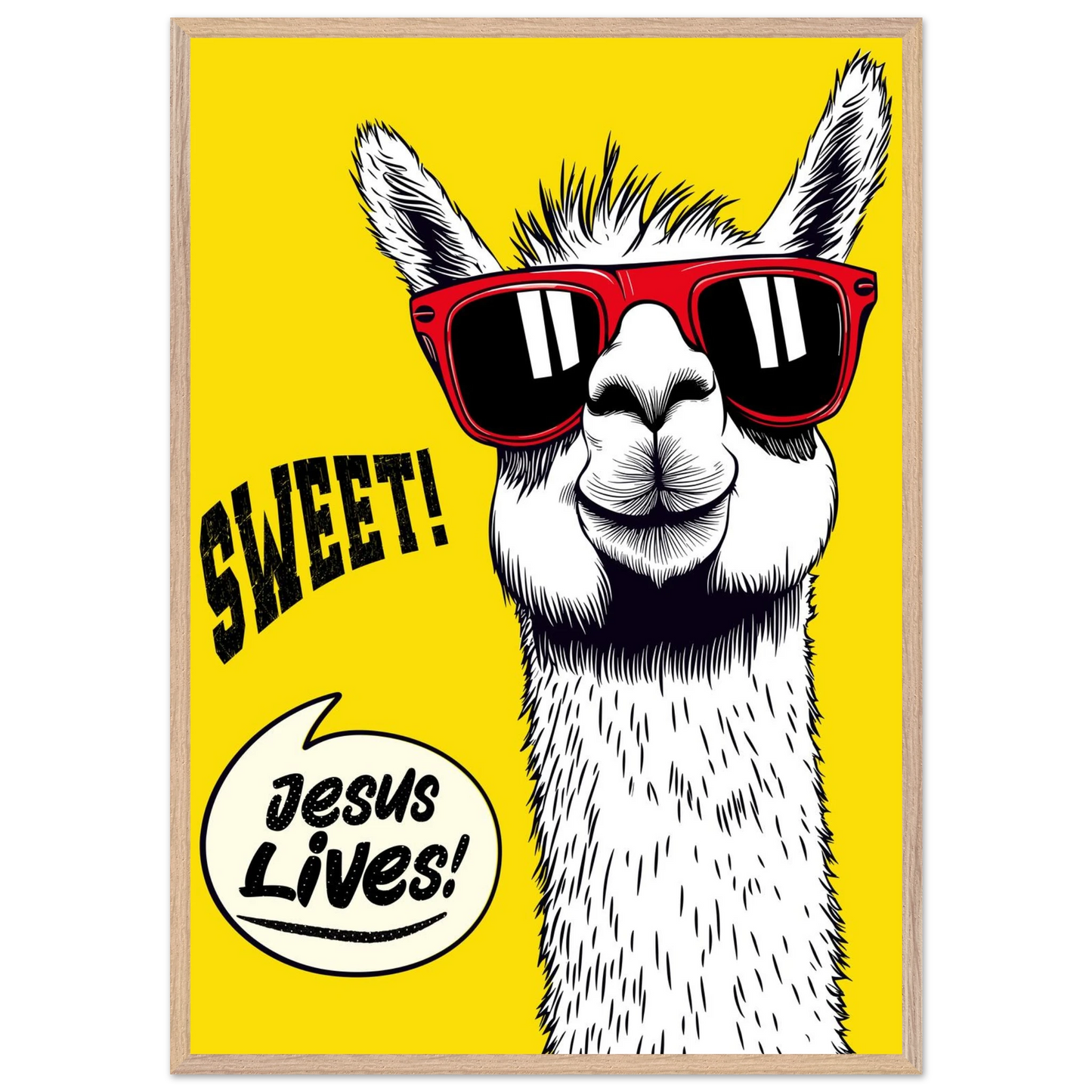 Playful Christian wall art illustration of a white llama wearing red sunglasses on a bright yellow background, with the words SWEET! and Jesus Lives in a speech bubble, framed.