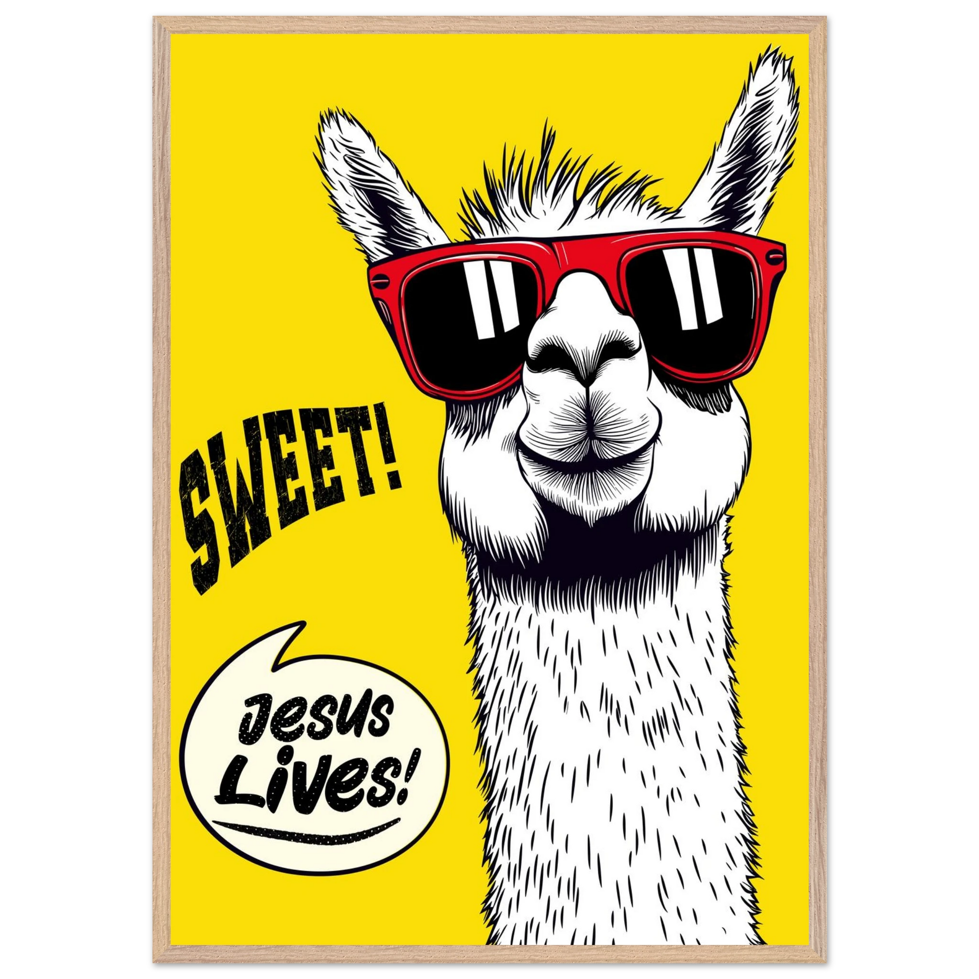 Playful Christian wall art illustration of a white llama wearing red sunglasses on a bright yellow background, with the words SWEET! and Jesus Lives in a speech bubble, framed.