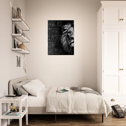 Lion of Judah Christian wall art displayed in a modern home office with bookshelves, hexagon wall shelves, and a wooden desk setup.