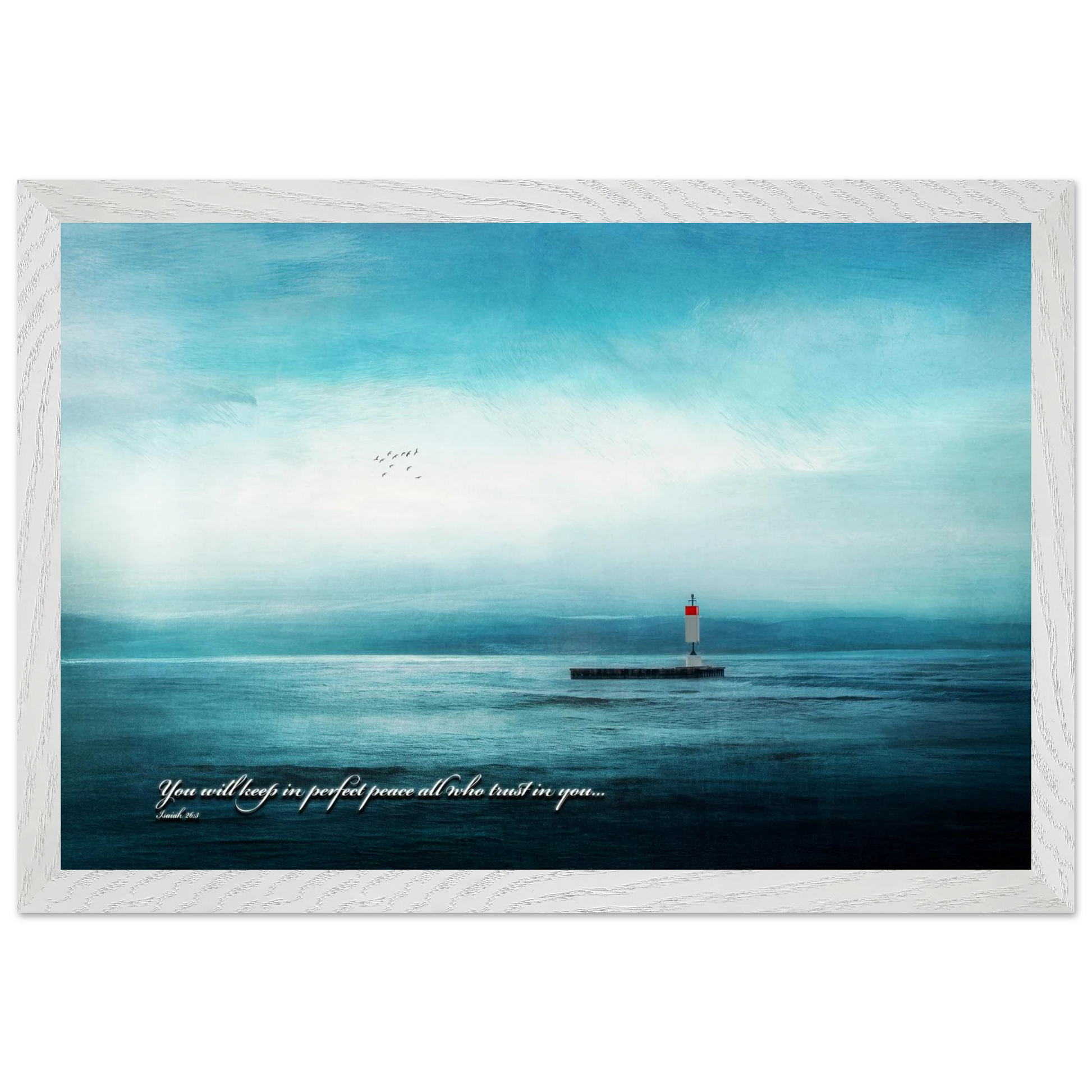 A framed poster featuring a lighthouse in a serene seascape with the text 'You will keep in perfect peace all who trust in you.' from Isaiah 26:3.