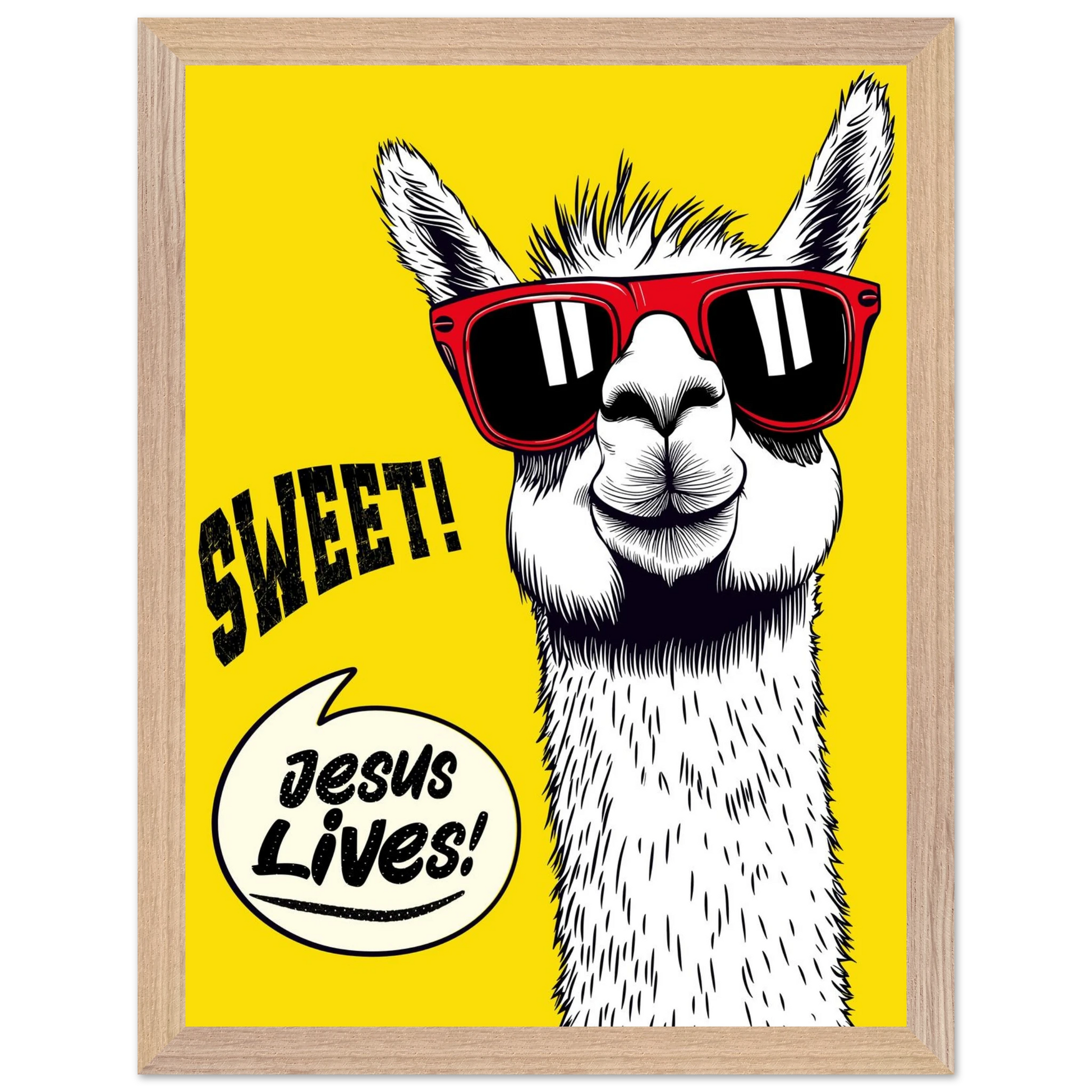 Playful Christian wall art illustration of a white llama wearing red sunglasses on a bright yellow background, with the words SWEET! and Jesus Lives in a speech bubble, framed.