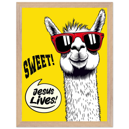 Playful Christian wall art illustration of a white llama wearing red sunglasses on a bright yellow background, with the words SWEET! and Jesus Lives in a speech bubble, framed.