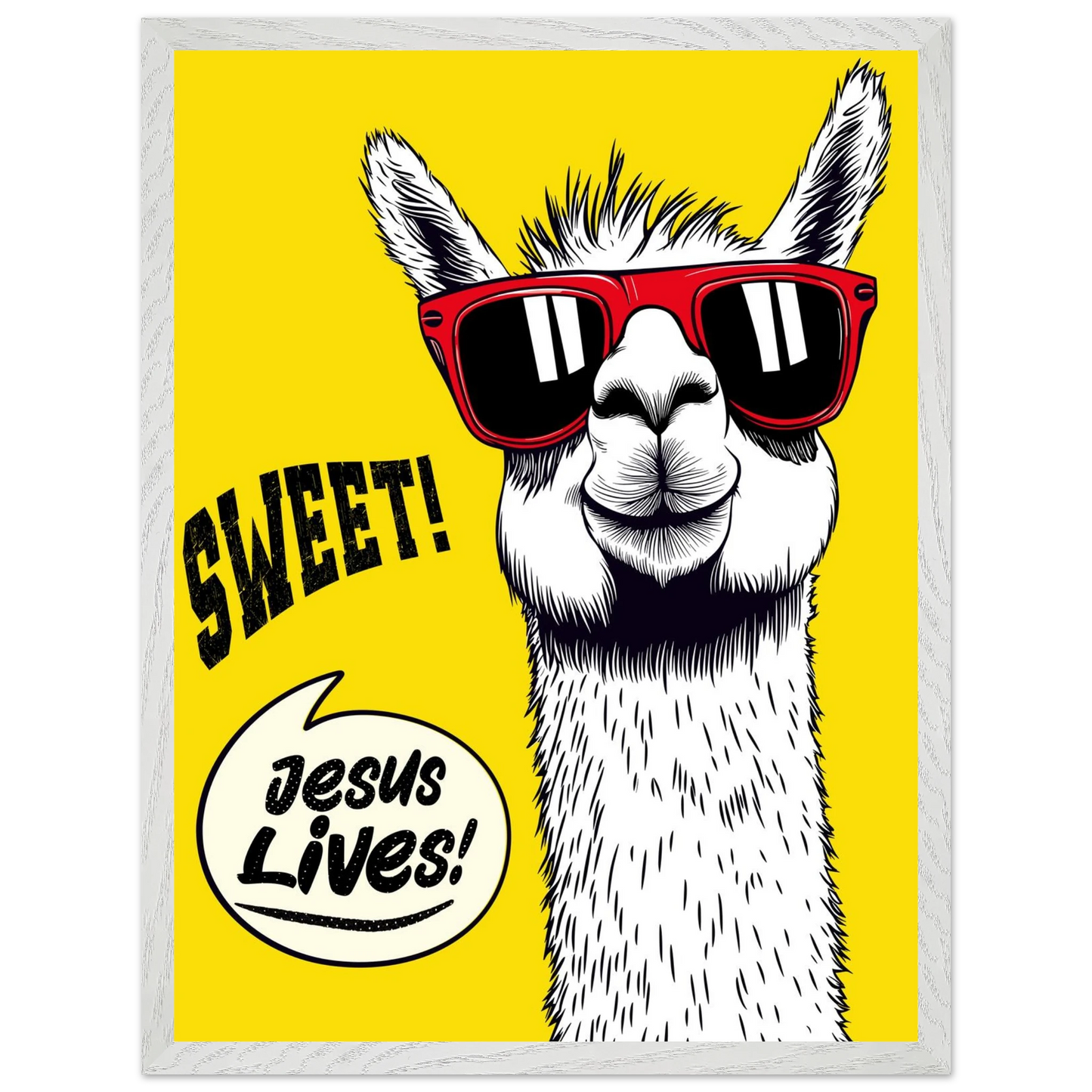 Playful Christian wall art illustration of a white llama wearing red sunglasses on a bright yellow background, with the words SWEET! and Jesus Lives in a speech bubble, framed in grey.
