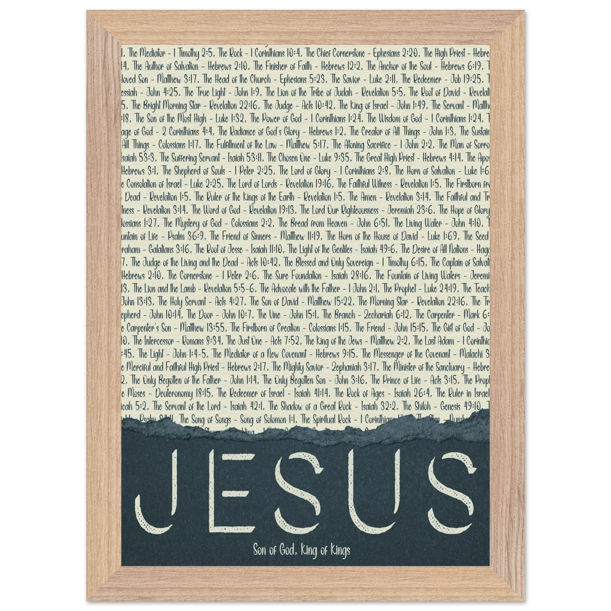 A framed wall art print with the word 'JESUS' in bold lettering, followed by a list of names and scriptures related to Jesus, against a white background 