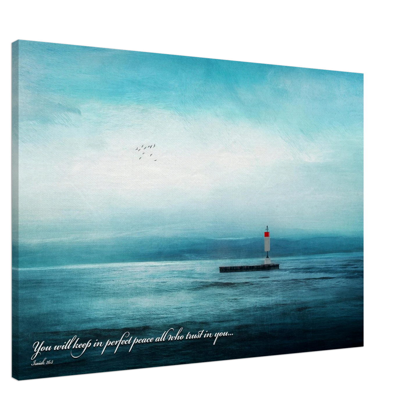 A canvas wall art print featuring a lighthouse with a backdrop of the sea and sky, including a quote about perfect peace.