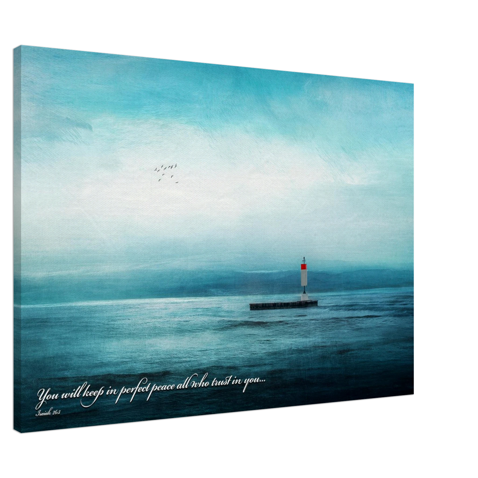 A canvas wall art print featuring a lighthouse with a backdrop of the sea and sky, including a quote about perfect peace.