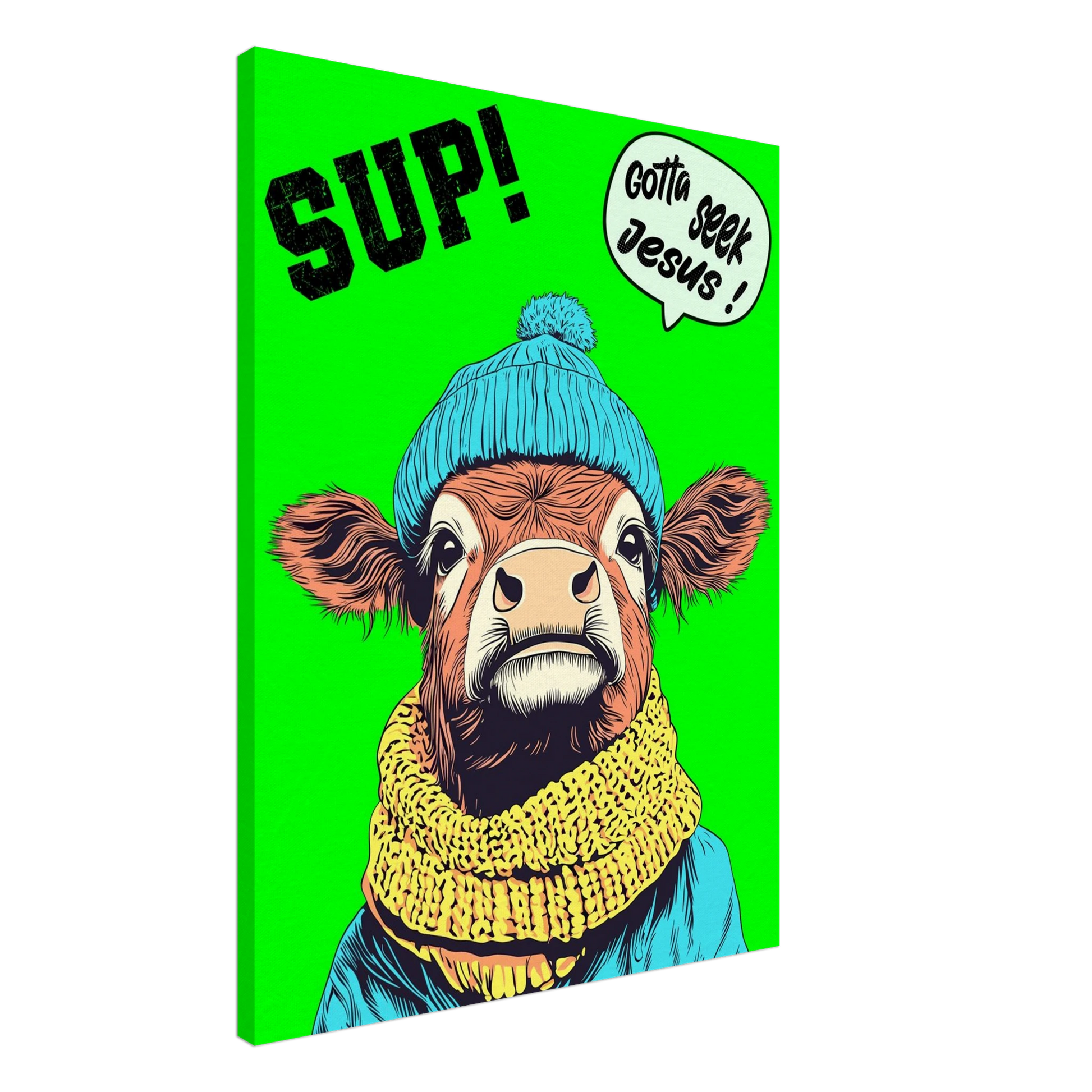 A vibrant green canvas featuring a cartoon style Highland cow with a beanie hat and a scarf, holding a sign with the text 'Gotta Seek Jesus'.