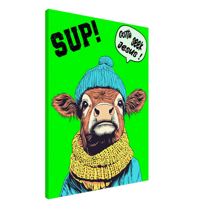 A vibrant green canvas featuring a cartoon style Highland cow with a beanie hat and a scarf, holding a sign with the text 'Gotta Seek Jesus'.