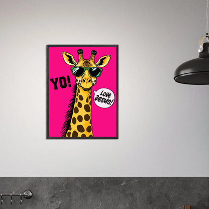 Playful Christian wall art featuring a giraffe wearing sunglasses on a bright pink background with Yo and Love Jesus displayed in a modern minimalist room