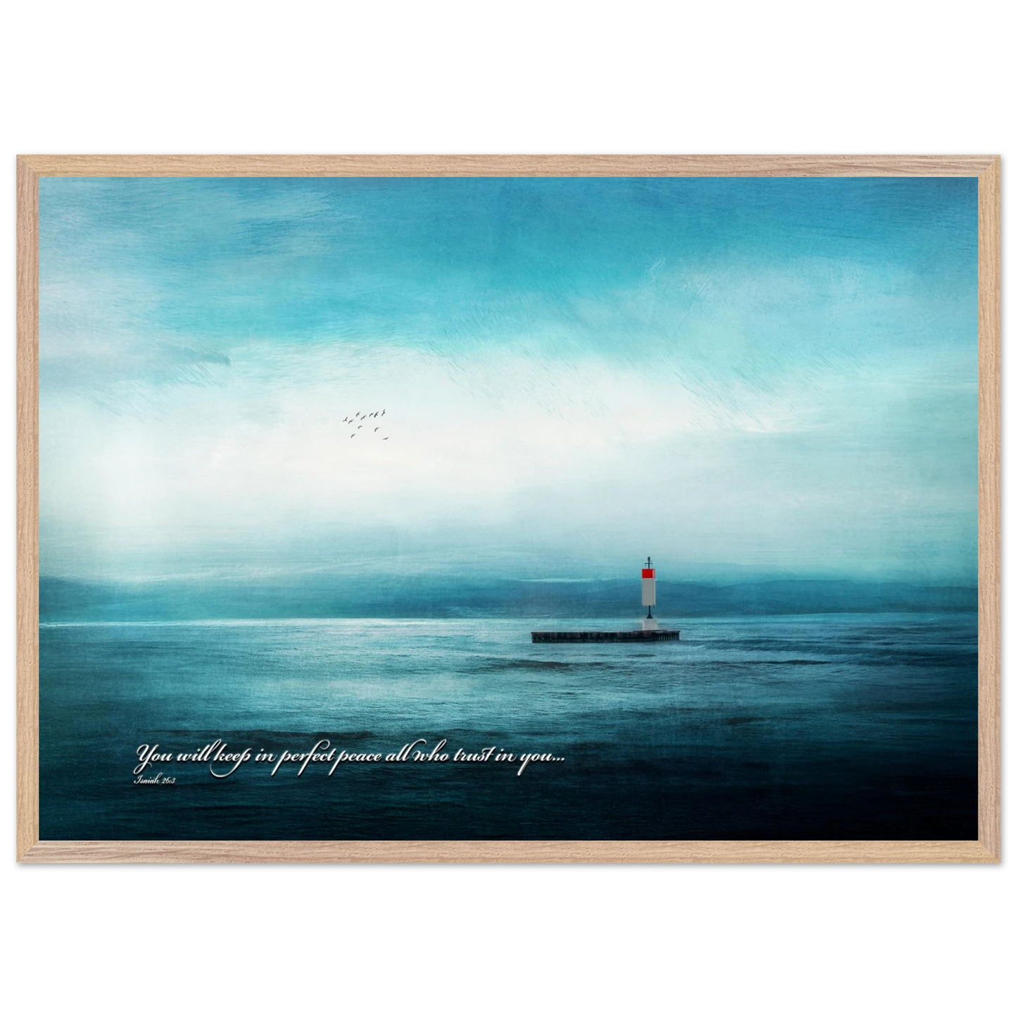 A framed poster featuring a lighthouse in a serene seascape with the text 'You will keep in perfect peace all who trust in you.' from Isaiah 26:3.