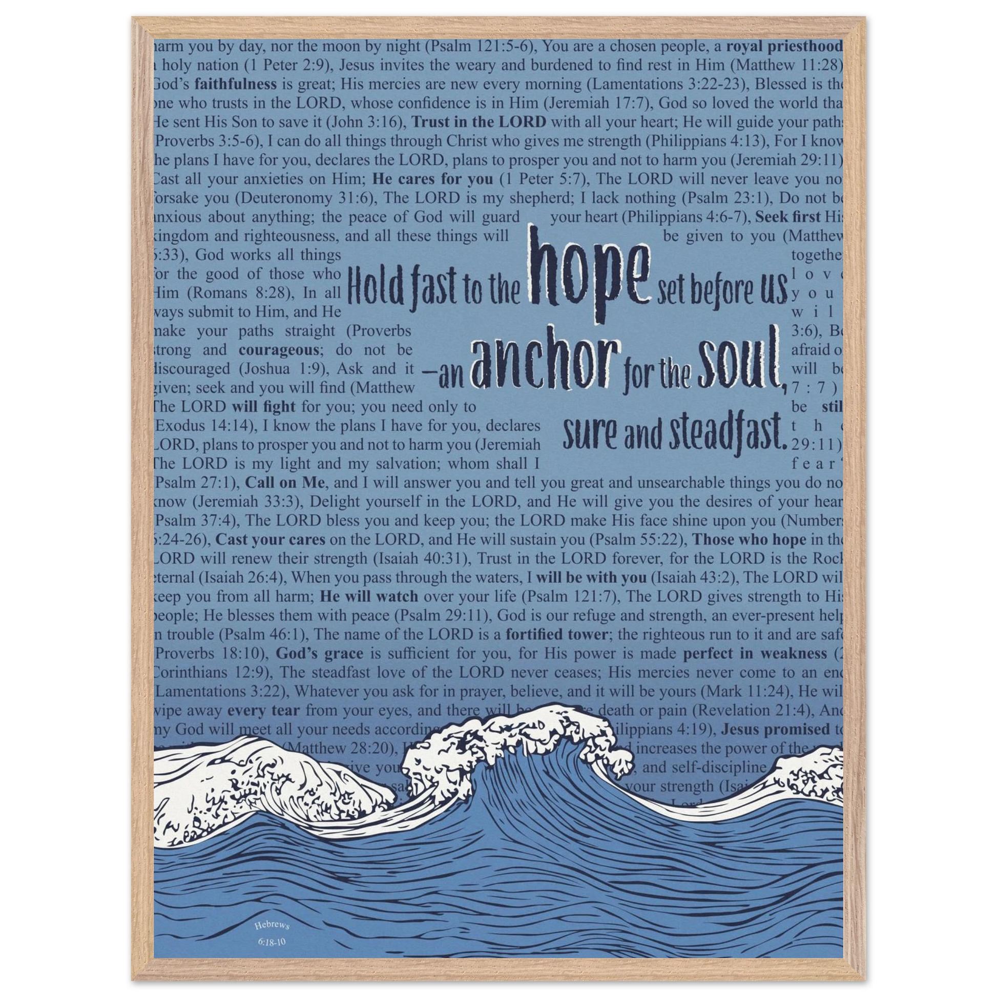 blue christian poster with bible verses in the background featuring a hand drawn wave illustration and the words hold fast to the hope set before us an anchor for the soul sure and steadfast hebrews 6 19