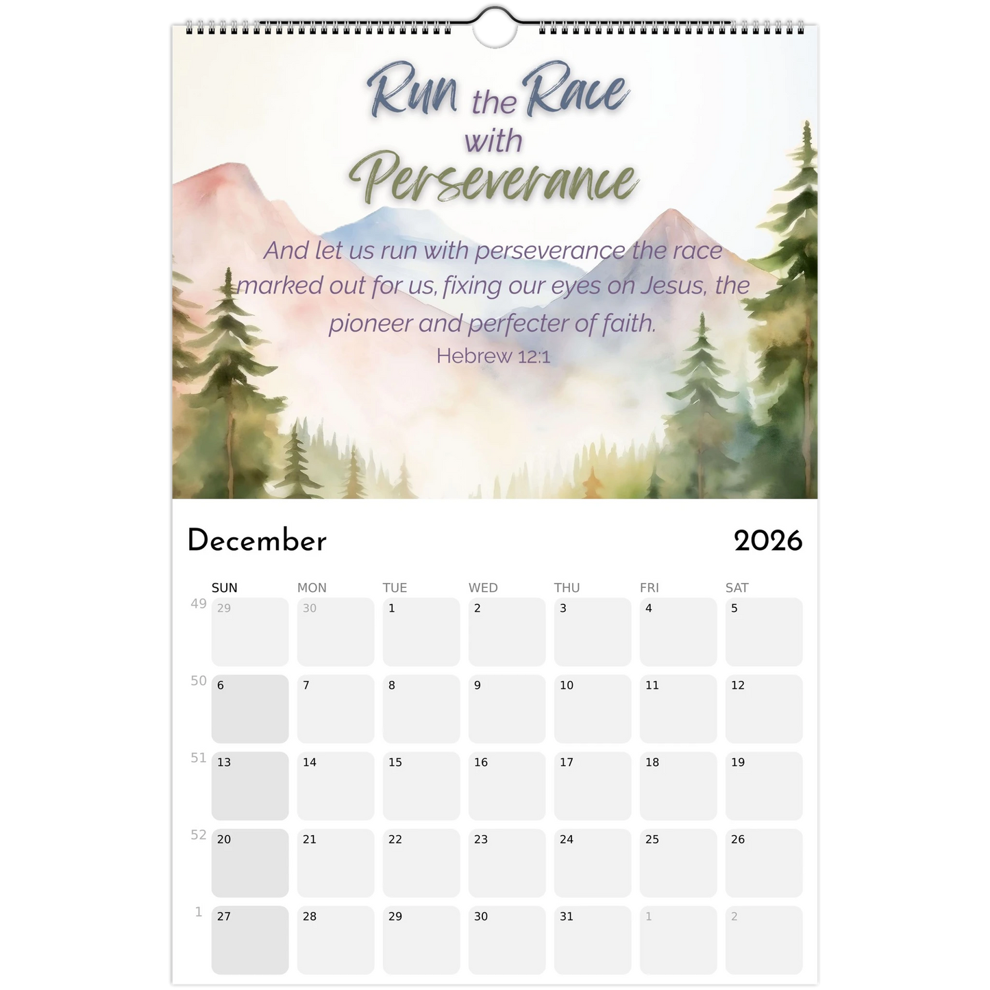 Calendar for December 2026 with a nature-themed cover and motivational quote.