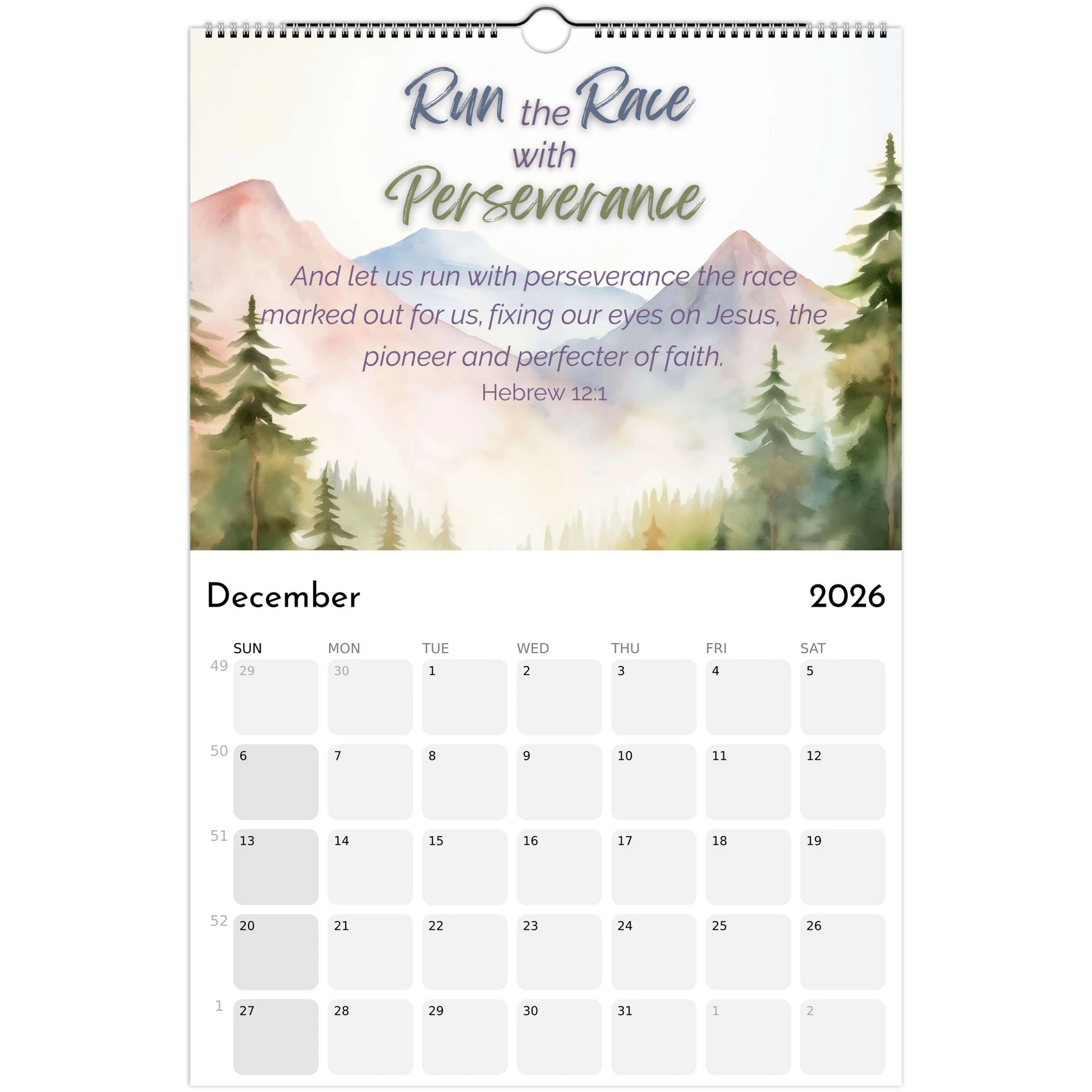 Calendar for December 2026 with a nature-themed cover and motivational quote.