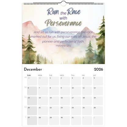 Calendar for December 2026 with a nature-themed cover and motivational quote.