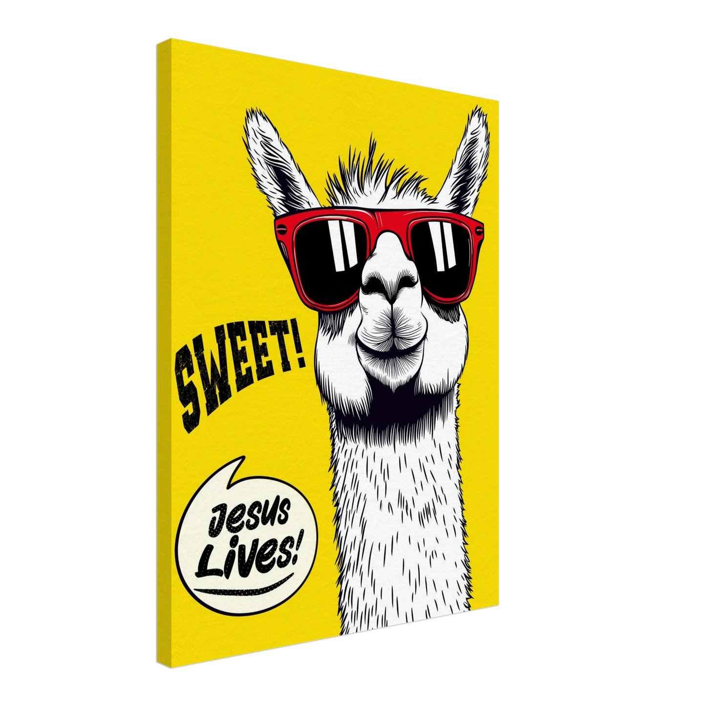 A vibrant canvas wall art featuring a cartoon llama with sunglasses against a yellow background, with the text 'Sweet! Jesus Lives!'.