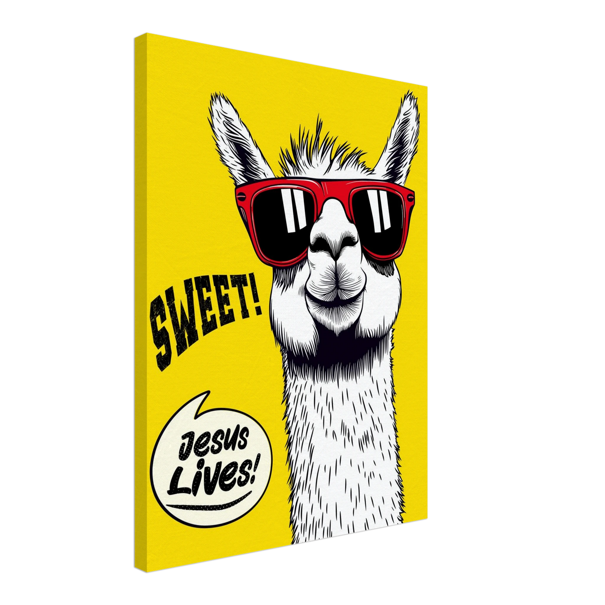 A vibrant canvas wall art featuring a cartoon llama with sunglasses against a yellow background, with the text 'Sweet! Jesus Lives!'.