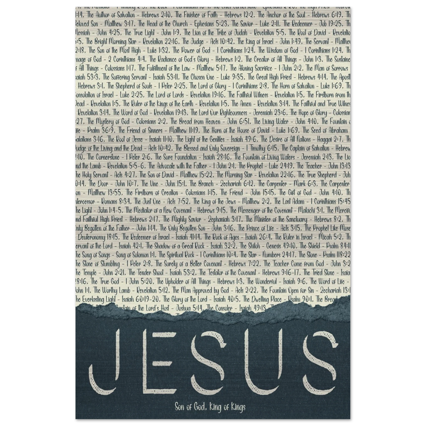 A brushed aluminum metal print with the word 'JESUS' in large letters, followed by a list of scriptural titles.