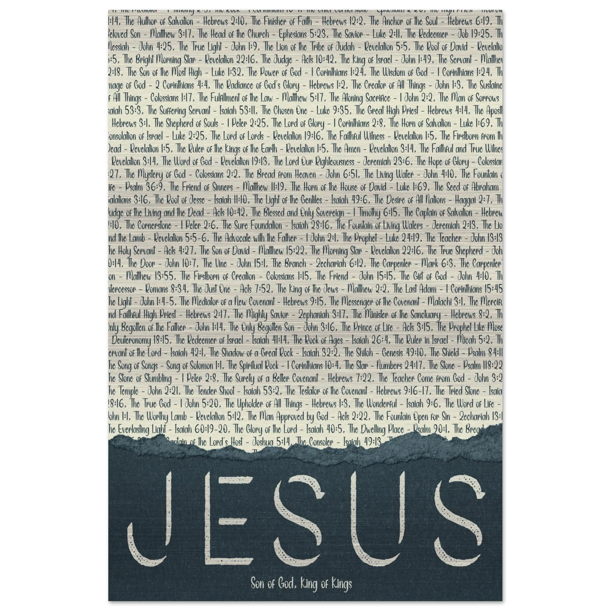 A brushed aluminum metal print with the word 'JESUS' in large letters, followed by a list of scriptural titles.