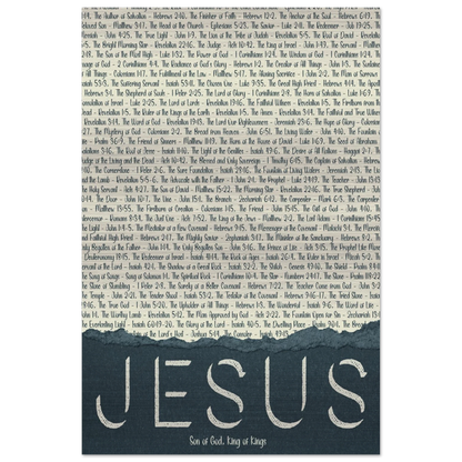 A brushed aluminum metal print with the word 'JESUS' in large letters, followed by a list of scriptural titles.