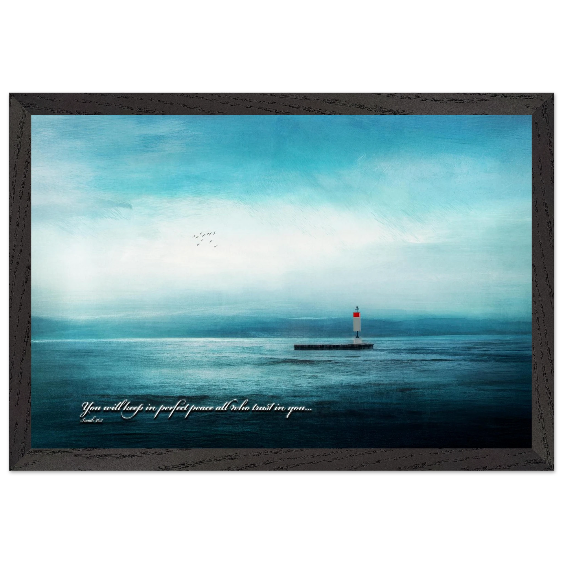 A framed poster featuring a lighthouse in a serene seascape with the text 'You will keep in perfect peace all who trust in you.' from Isaiah 26:3.