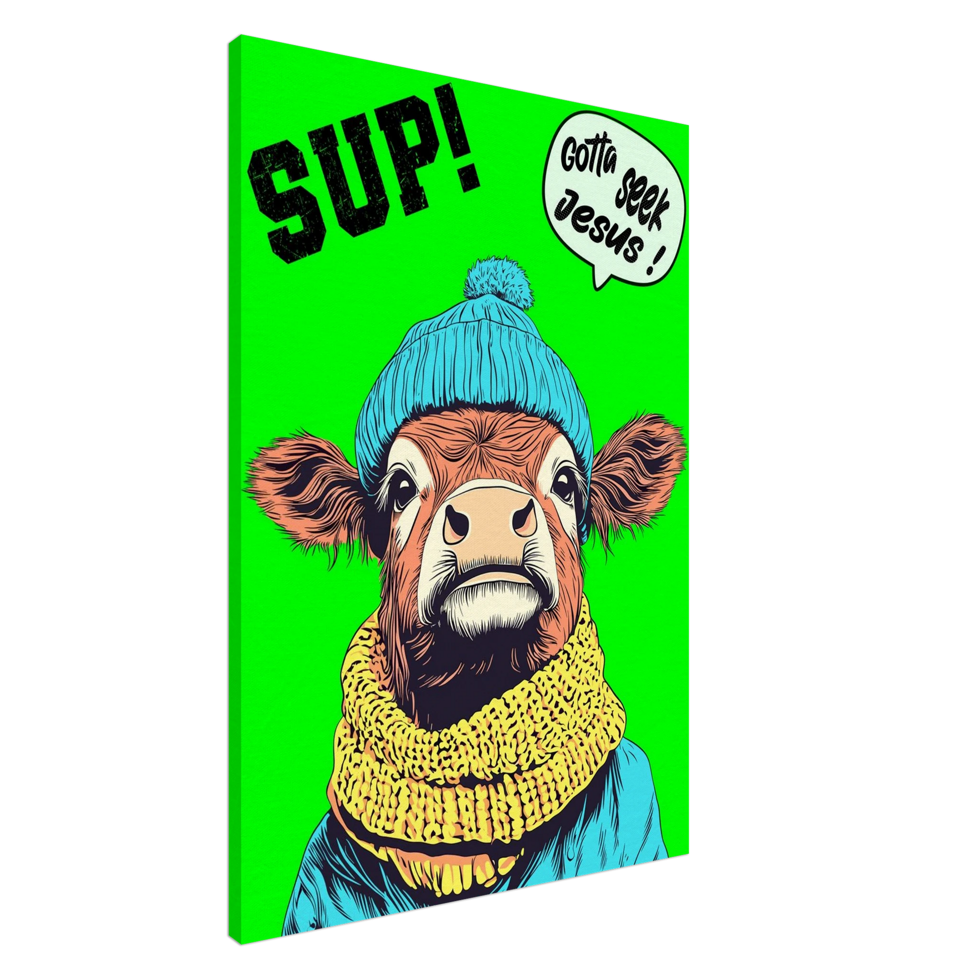 A vibrant green canvas featuring a cartoon style Highland cow with a beanie hat and a scarf, holding a sign with the text 'Gotta Seek Jesus'.